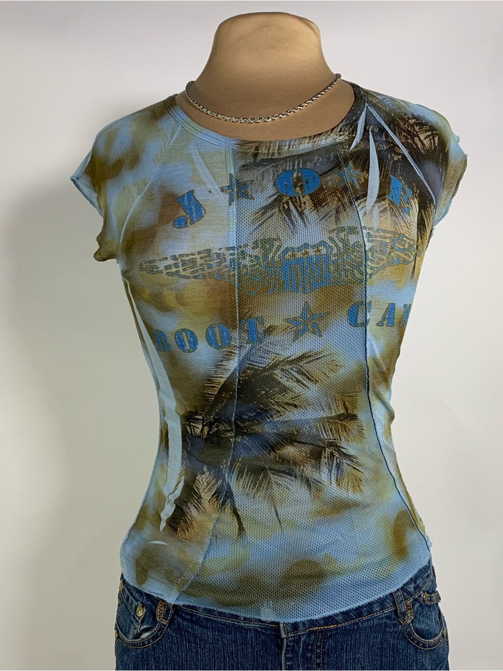 Y2K Joe Boxer Joe Bootcamp Blue Graphic Mesh Baby Tee